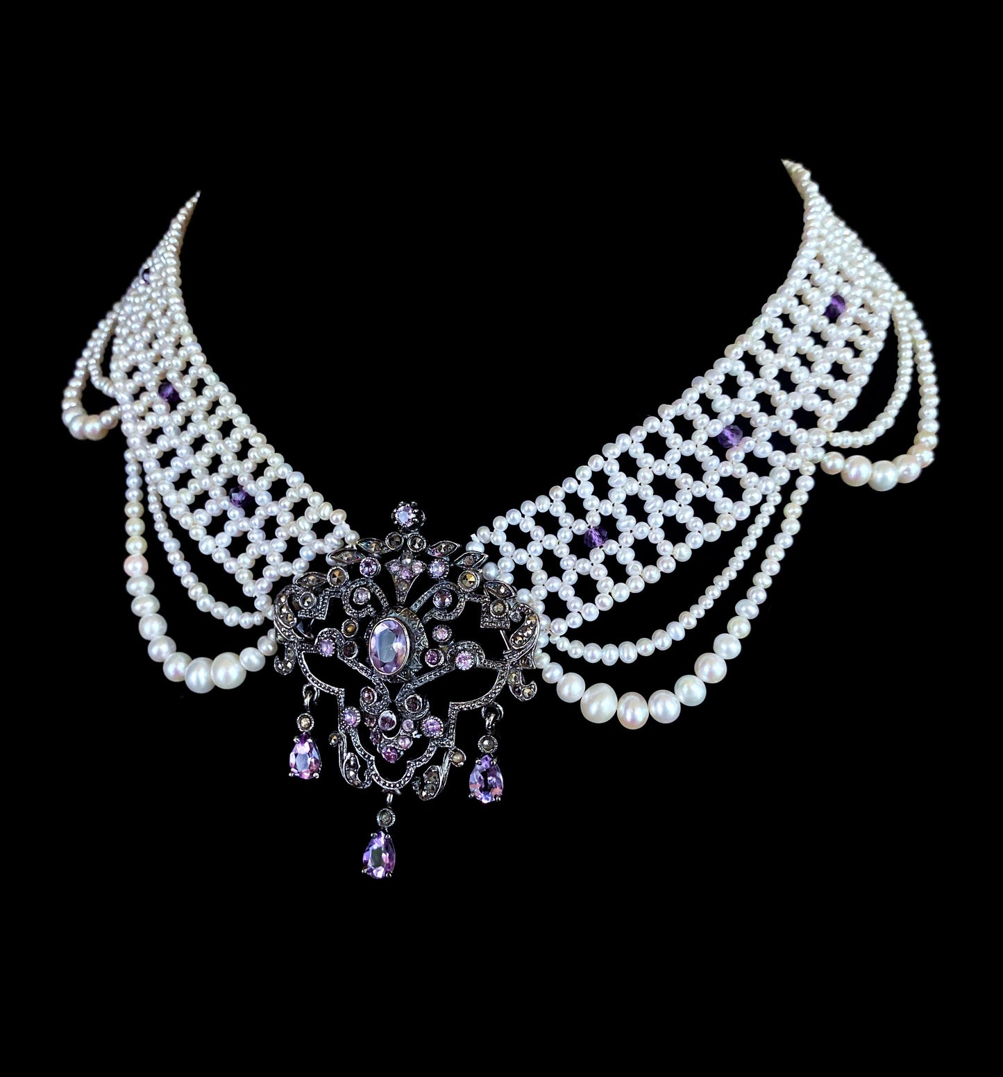 Pearl Draped Necklace with Vintage Amethyst & Silver Centerpiece