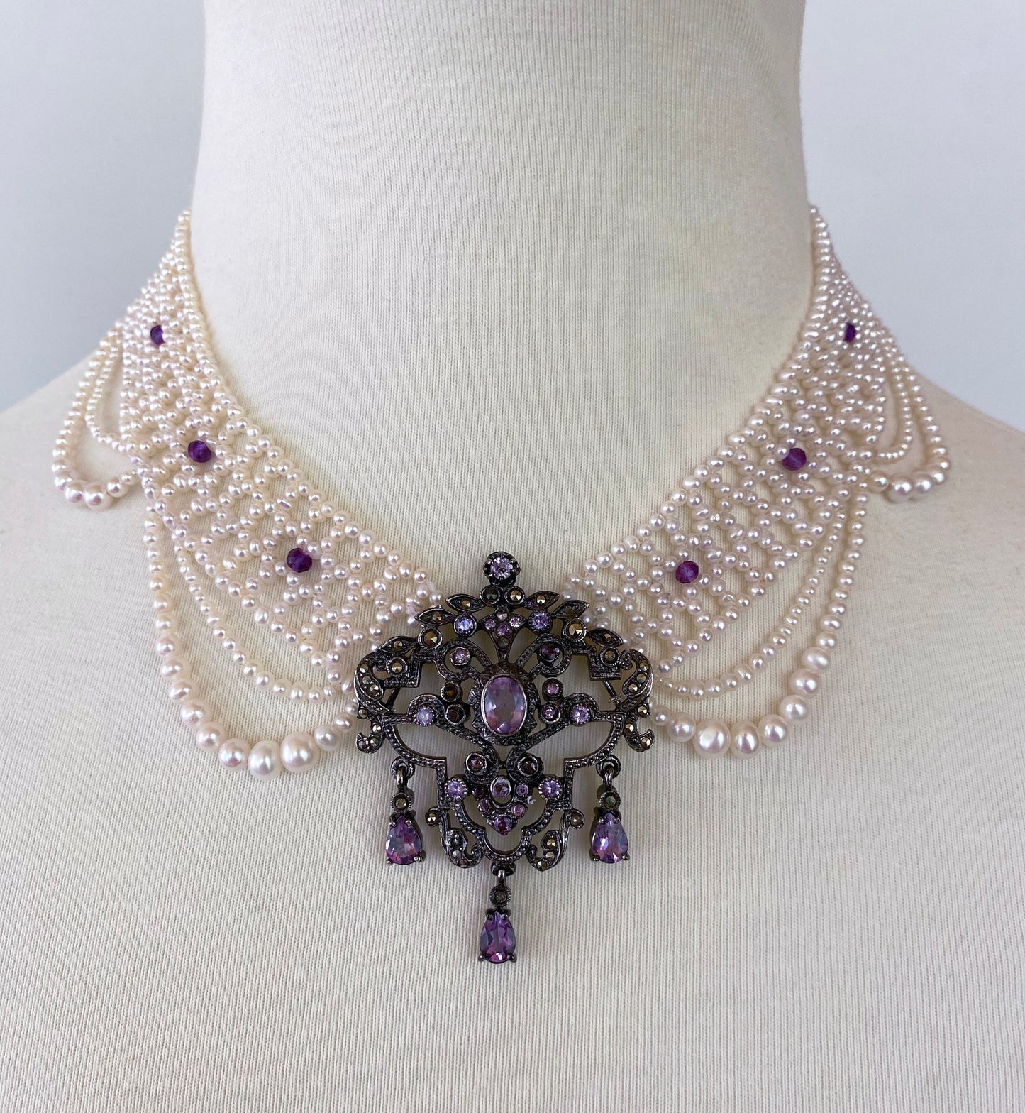 Pearl Draped Necklace with Vintage Amethyst & Silver Centerpiece