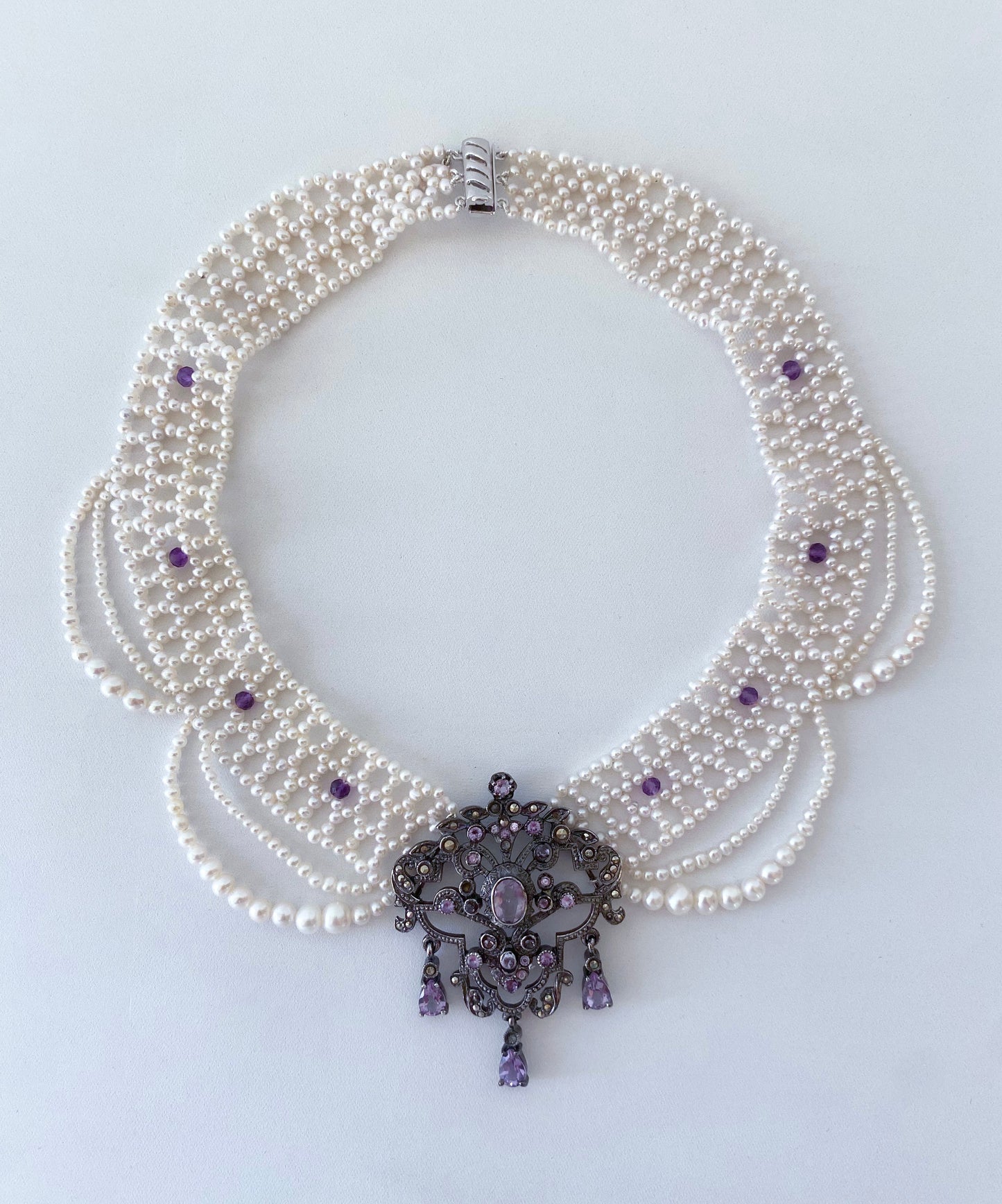 Pearl Draped Necklace with Vintage Amethyst & Silver Centerpiece