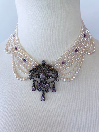 Pearl Draped Necklace with Vintage Amethyst & Silver Centerpiece