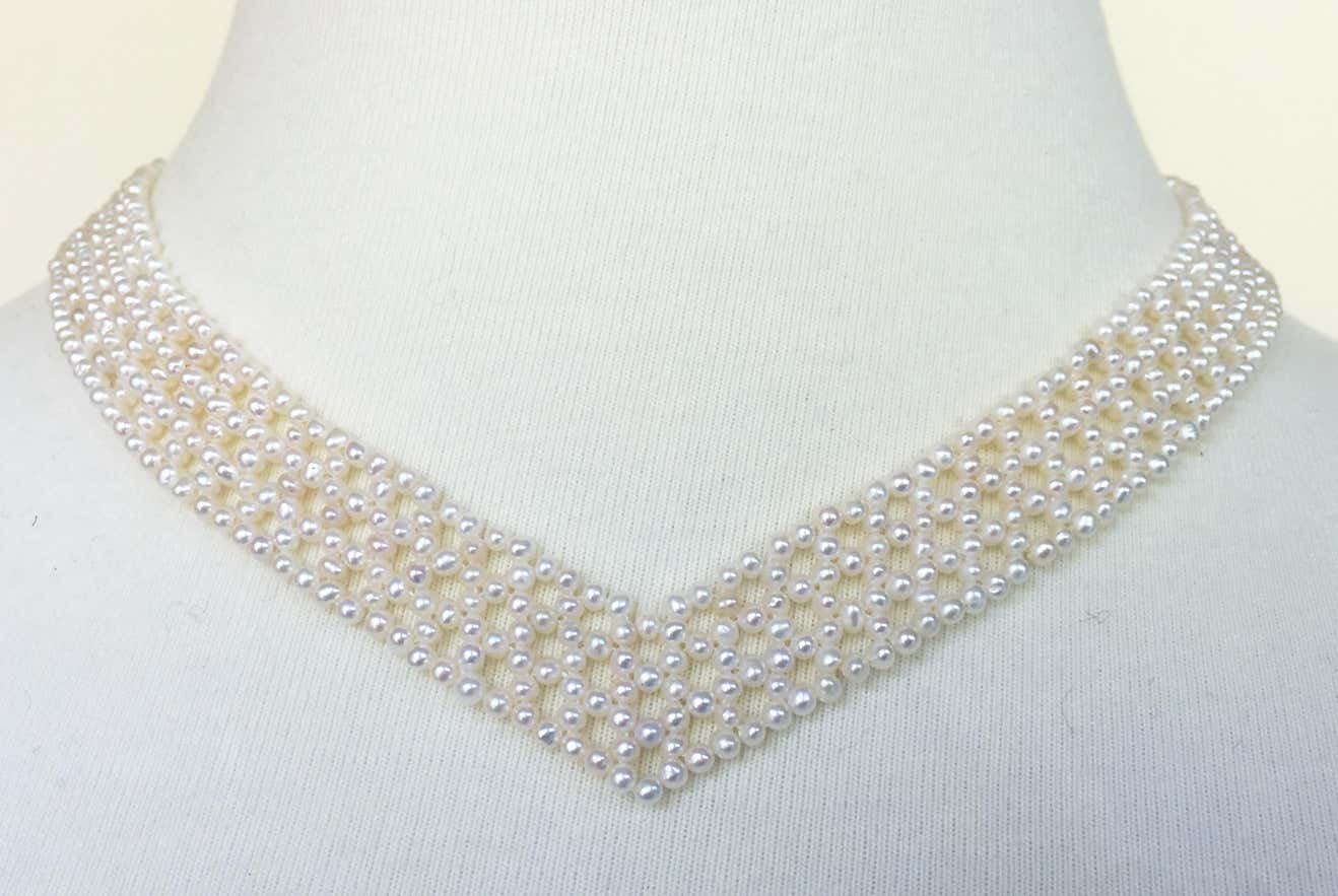 Woven 'V' Shaped Pearl Necklace with Vintage Brooch