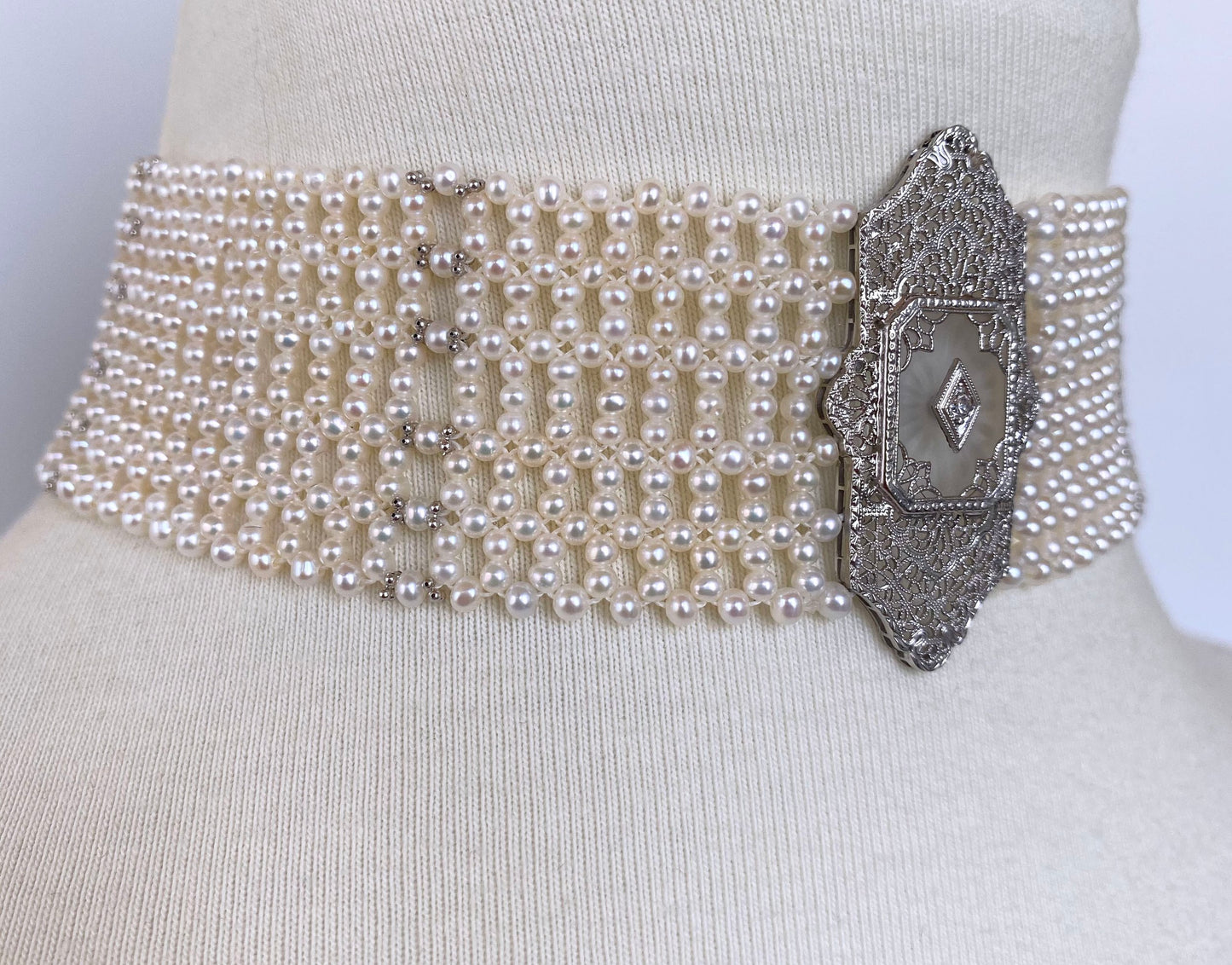 Woven Pearl Choker with 14k Gold Vintage Centerpiece and Diamond