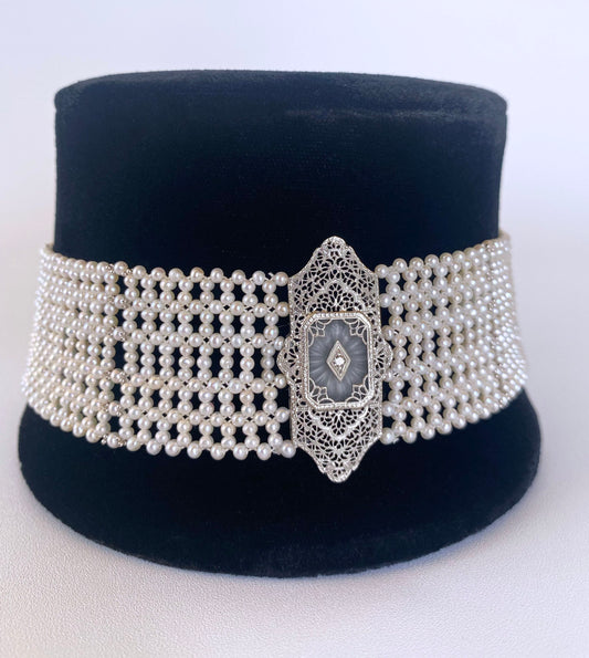 Woven Pearl Choker with 14k Gold Vintage Centerpiece and Diamond