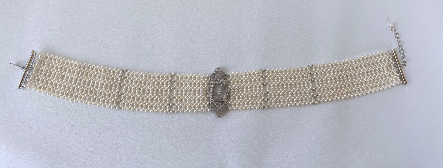 Woven Pearl Choker with 14k Gold Vintage Centerpiece and Diamond