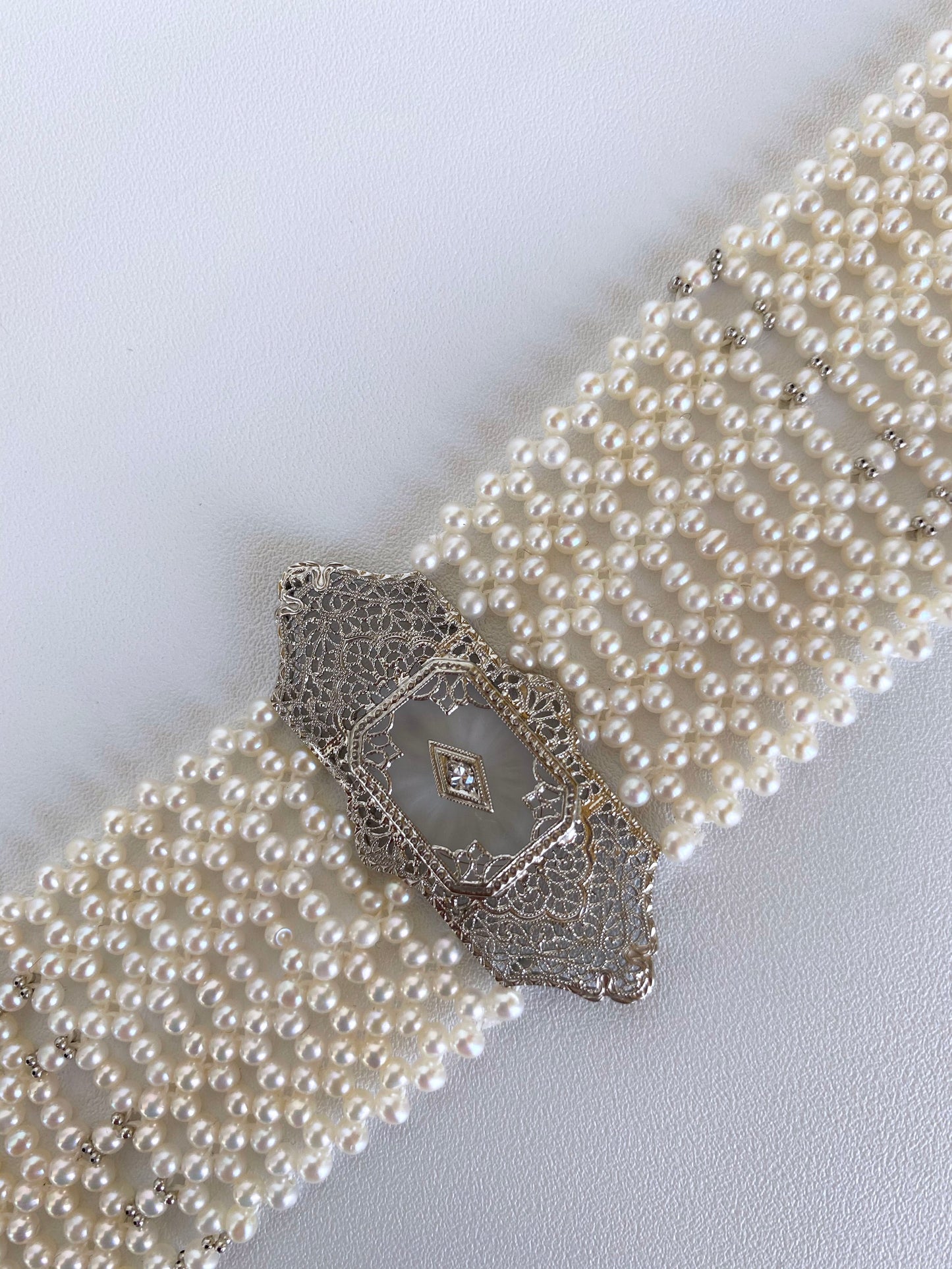 Woven Pearl Choker with 14k Gold Vintage Centerpiece and Diamond