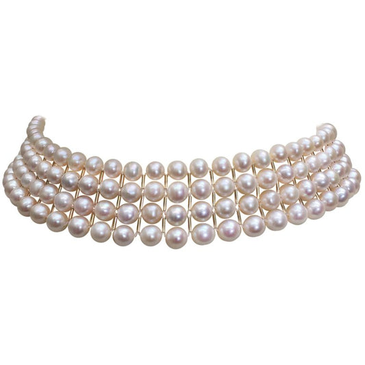 White Pearl and 14 Karat Yellow Gold Beaded Choker with 14 Karat Gold Clasp
