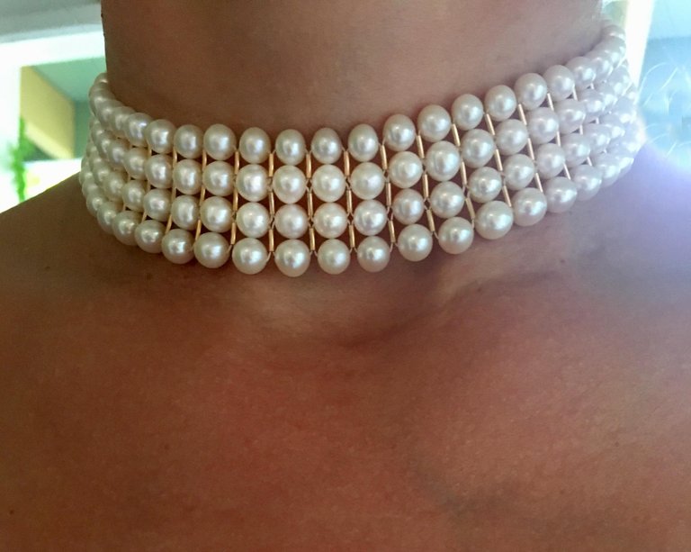 White Pearl and 14 Karat Yellow Gold Beaded Choker with 14 Karat Gold Clasp