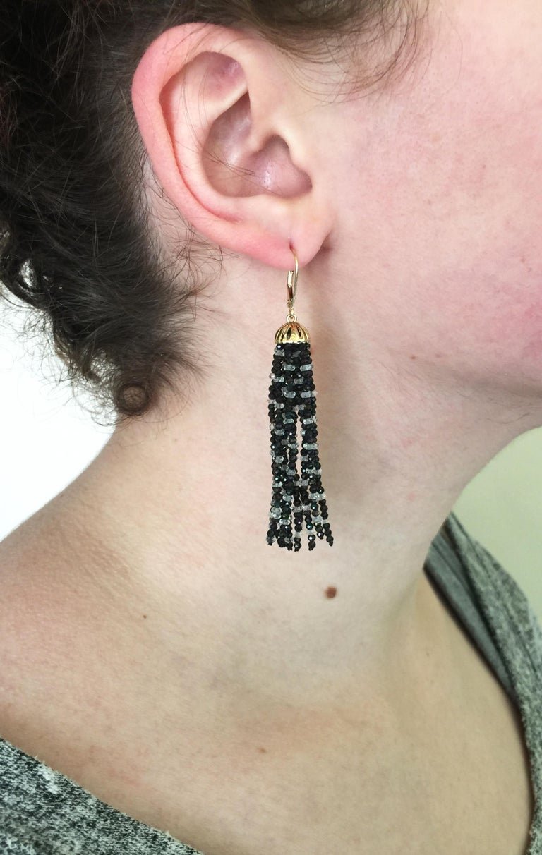 Black Spinel and White Topaz Tassel Earrings with 14 K Gold Lever Backs