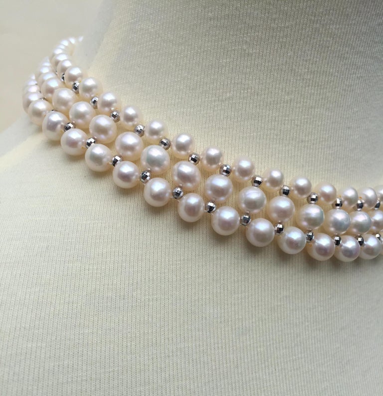 Woven Pearl Necklace with 14 Karat Gold Faceted Beads and Clasp