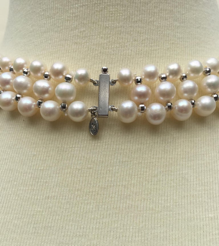 Woven Pearl Necklace with 14 Karat Gold Faceted Beads and Clasp
