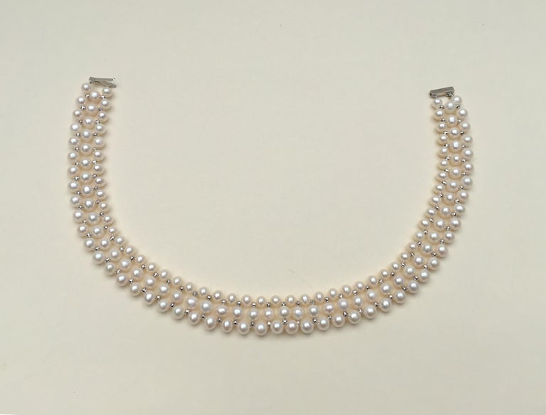 Marina J Woven Pearl Necklace with 14 Karat Gold Faceted Beads and Clasp