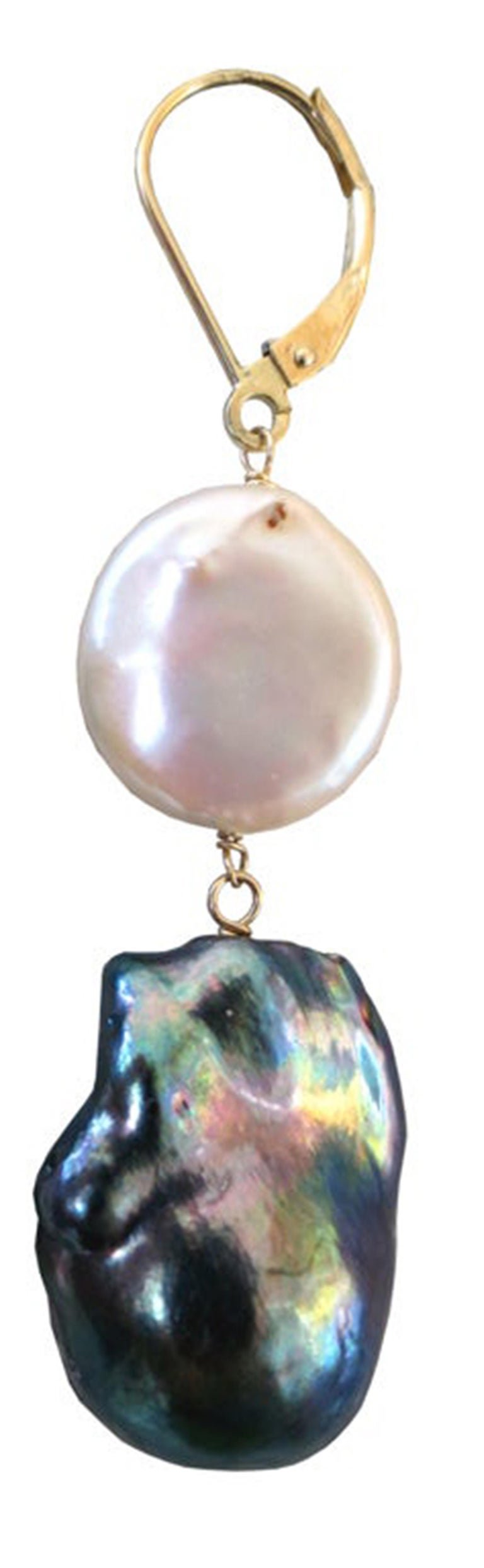 Baroque and Flat, Black and White Pearl Earrings with Solid 14K Yellow Gold