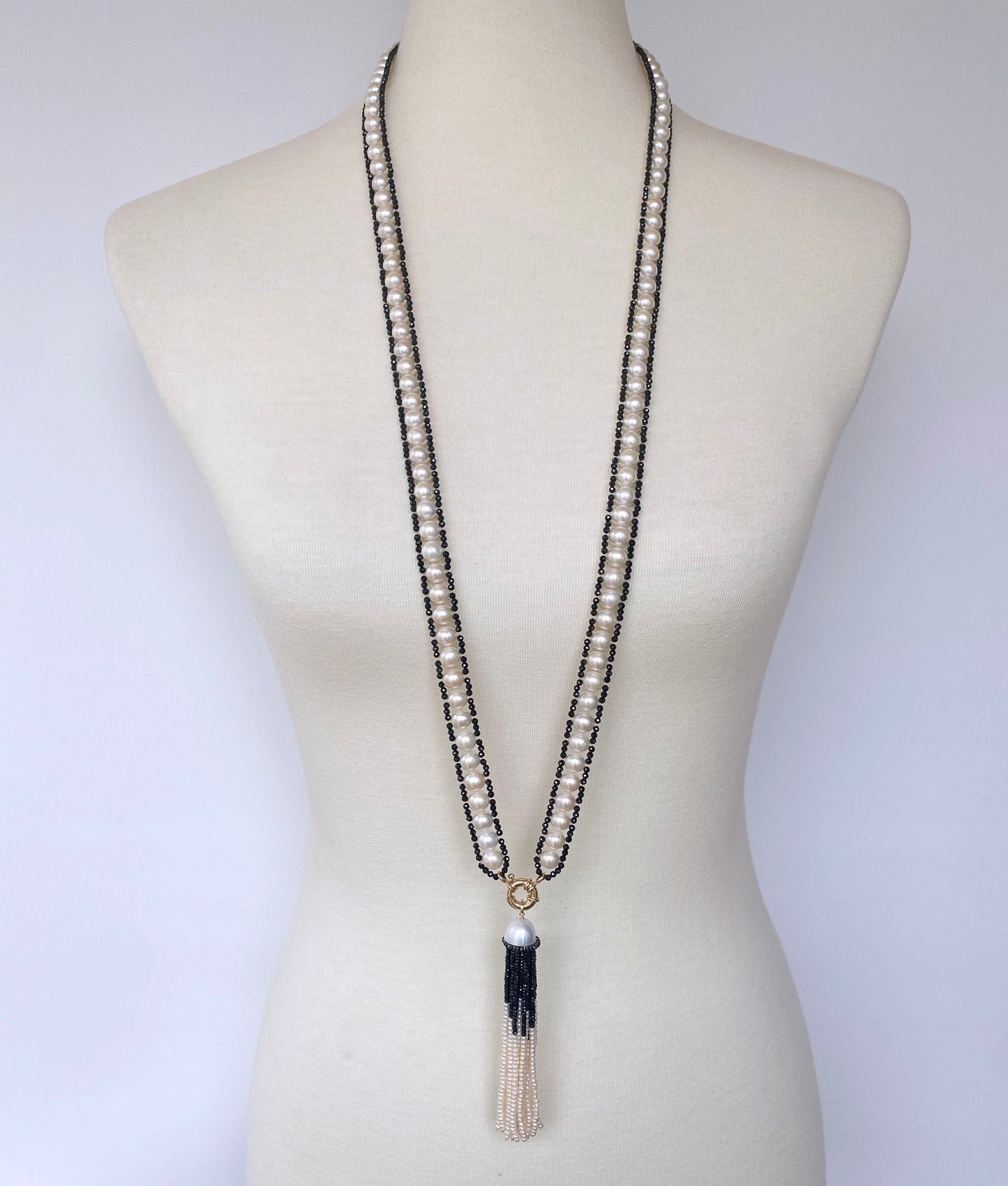 Pearl and Black Spinel Satuoir and Tassel with 14k Yellow Gold