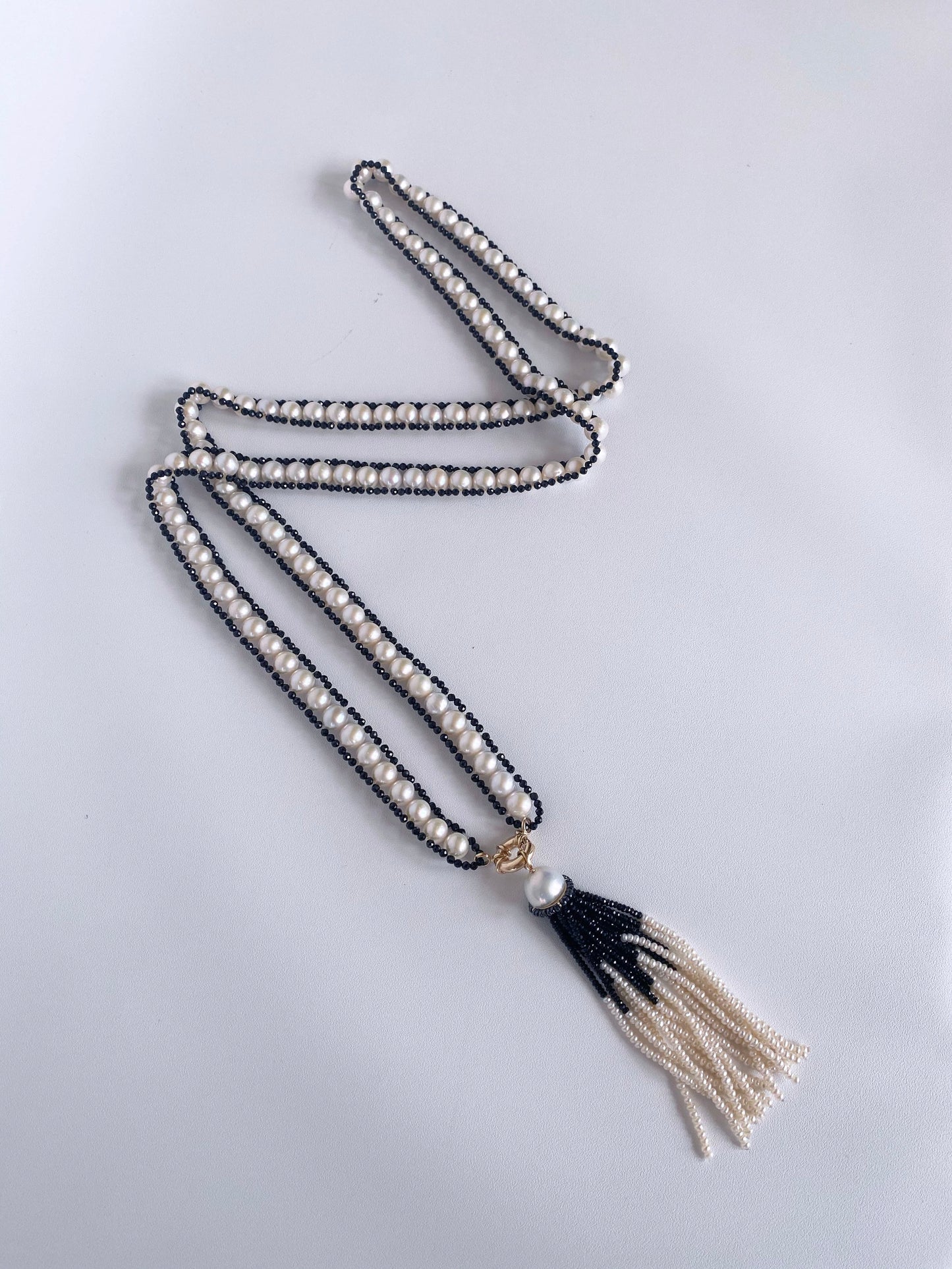Pearl and Black Spinel Satuoir and Tassel with 14k Yellow Gold