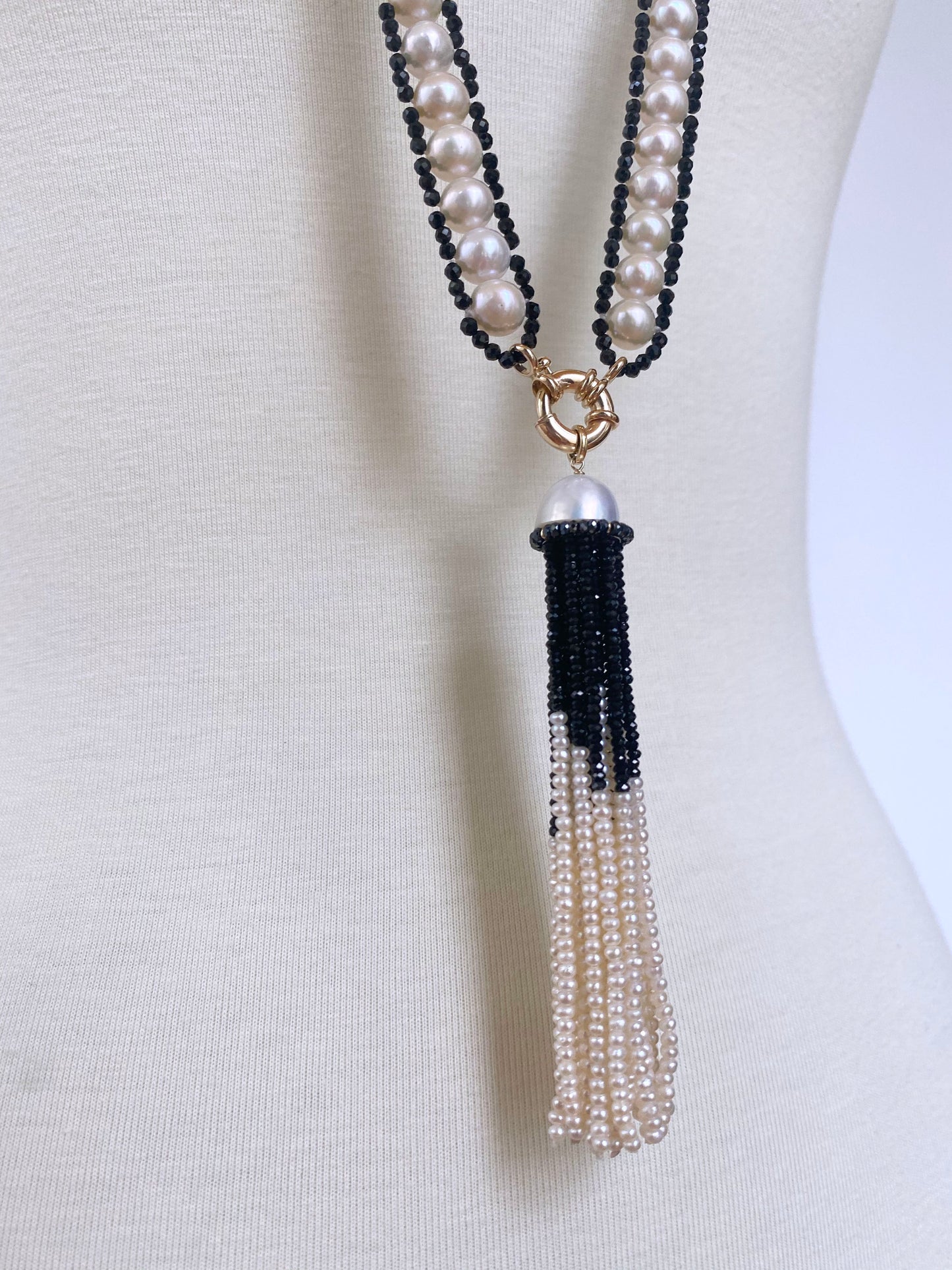 Pearl and Black Spinel Satuoir and Tassel with 14k Yellow Gold