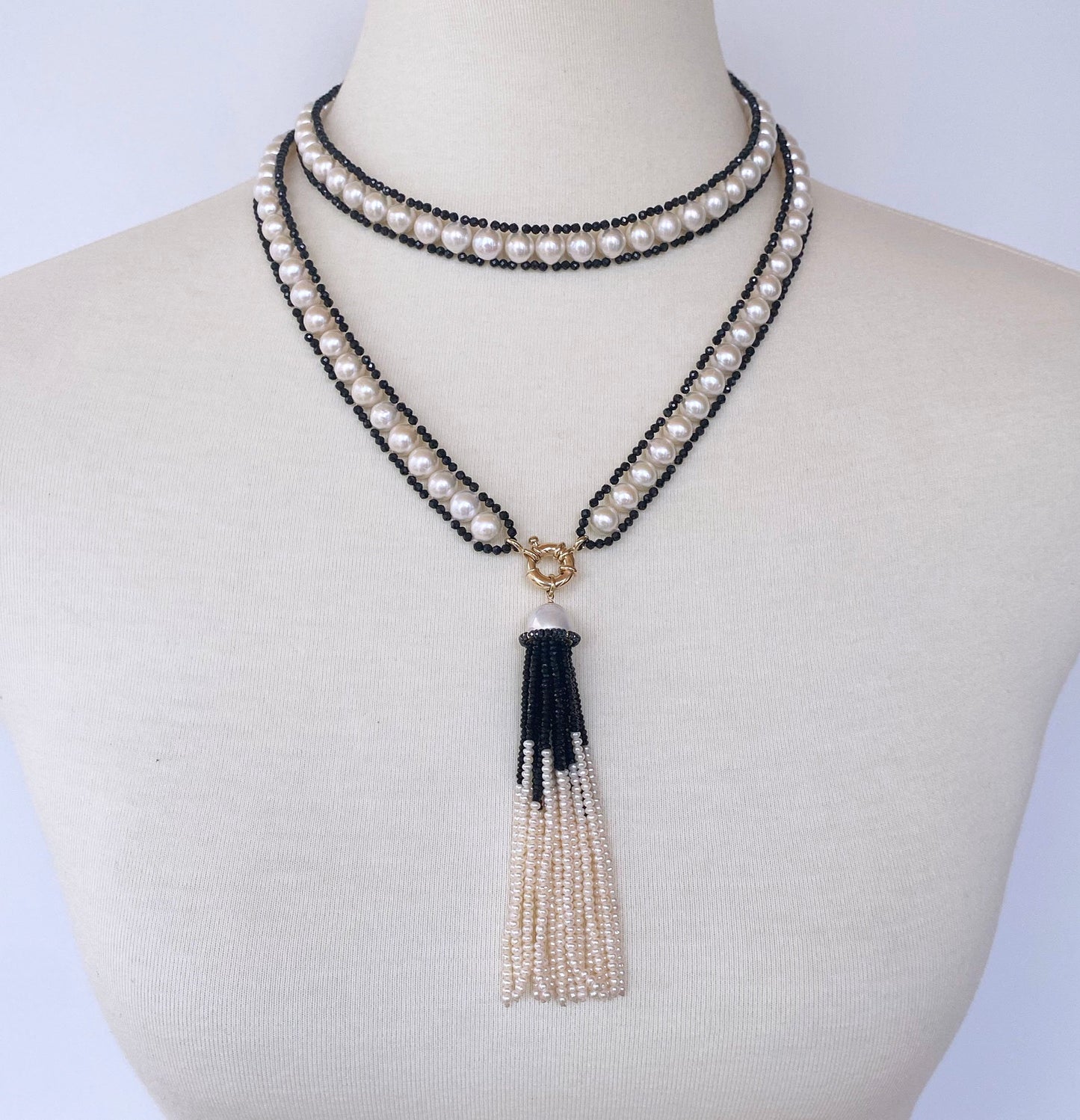 Pearl and Black Spinel Satuoir and Tassel with 14k Yellow Gold