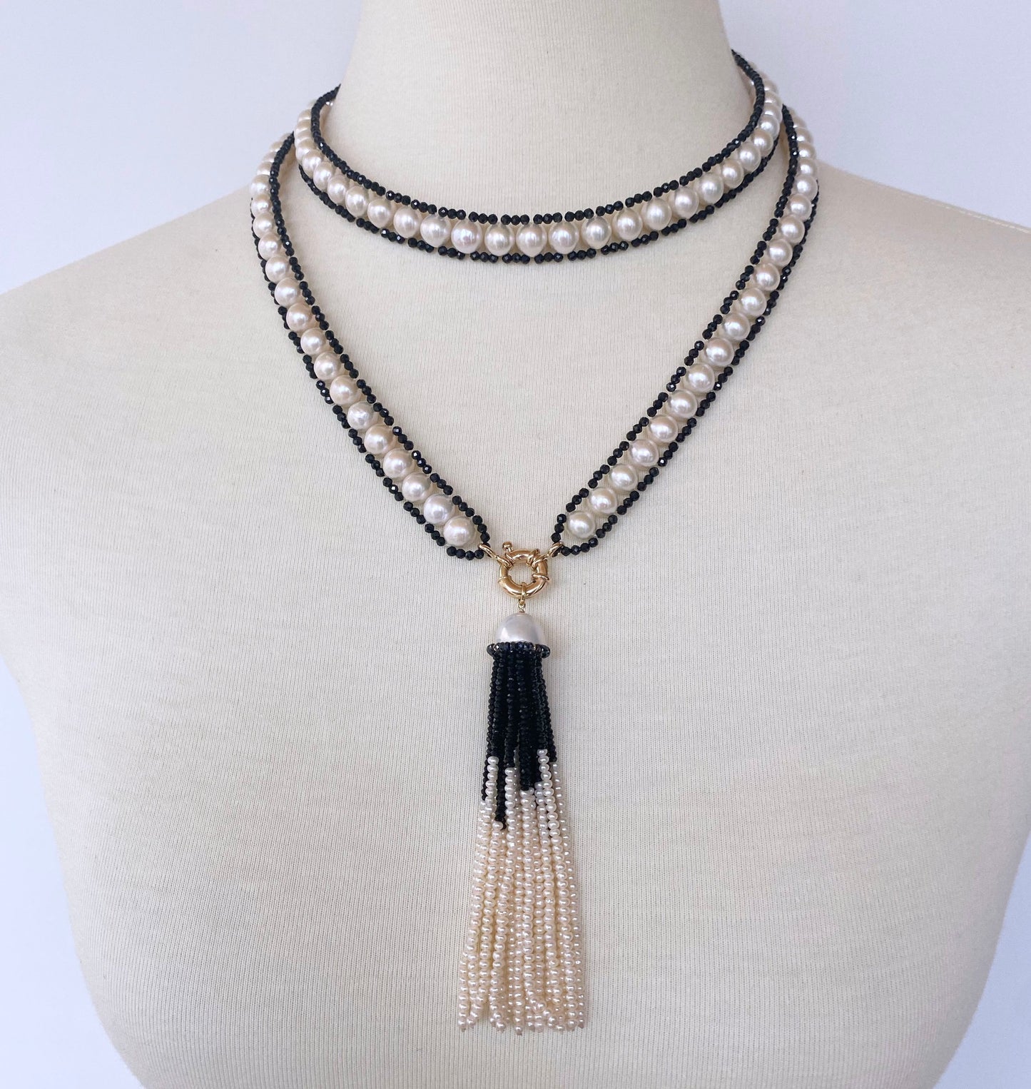 Pearl and Black Spinel Satuoir and Tassel with 14k Yellow Gold