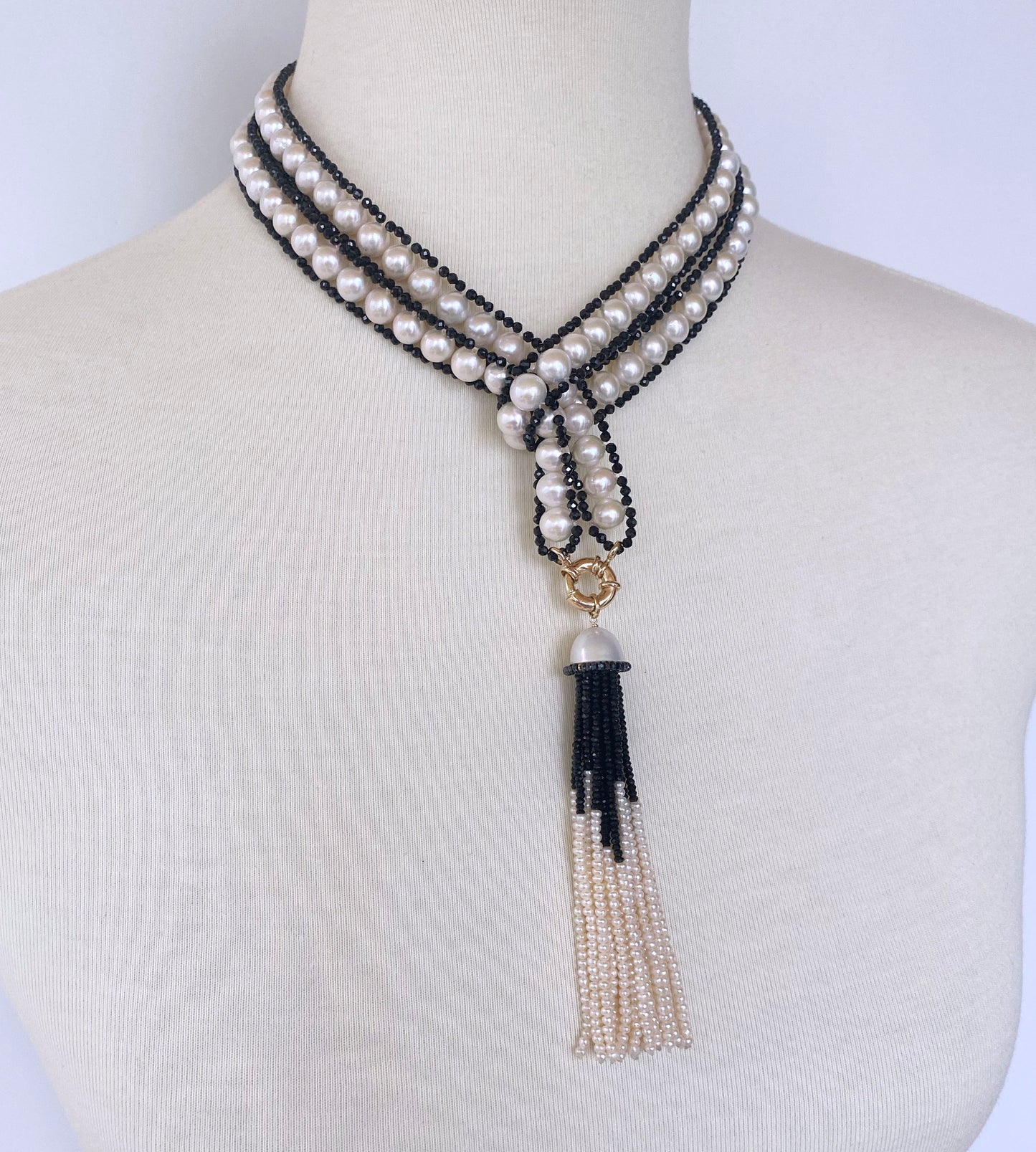 Pearl and Black Spinel Satuoir and Tassel with 14k Yellow Gold