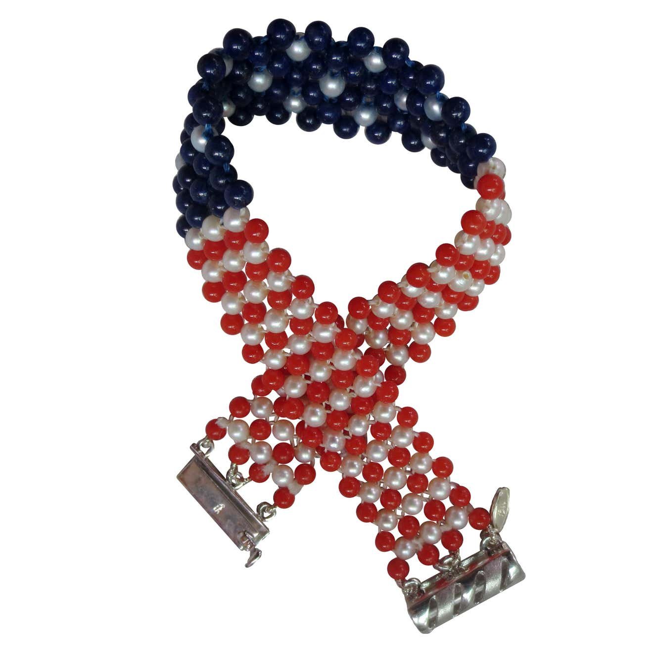 Unisex Pearl, Lapis & Coral Woven American Flag Bracelet with 14k Gold