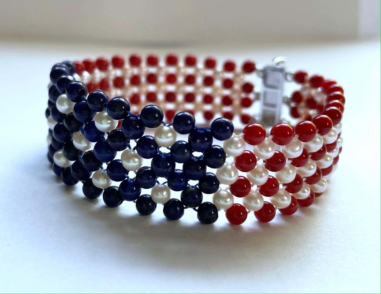 Unisex Pearl, Lapis & Coral Woven American Flag Bracelet with 14k Gold