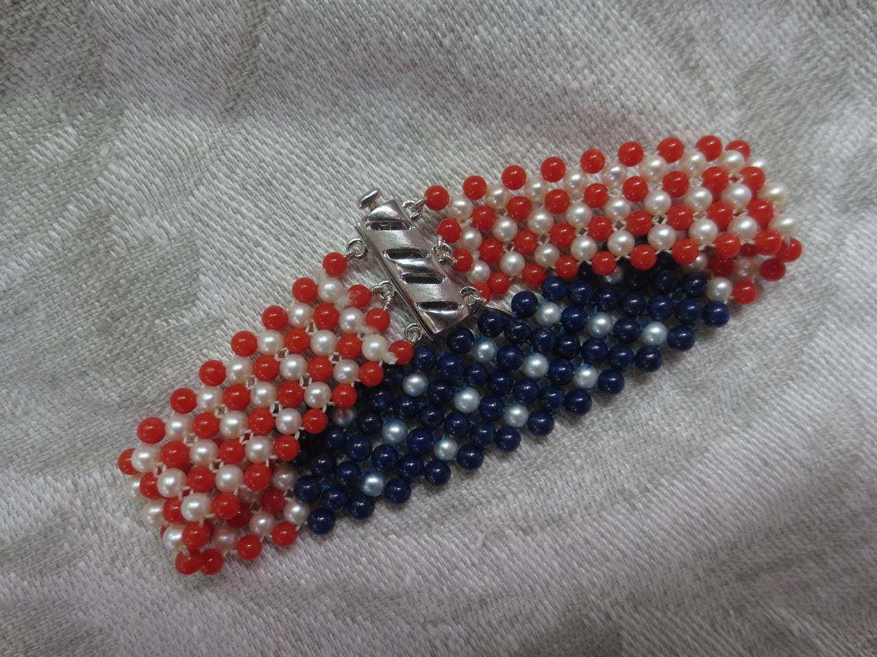 Unisex Pearl, Lapis & Coral Woven American Flag Bracelet with 14k Gold