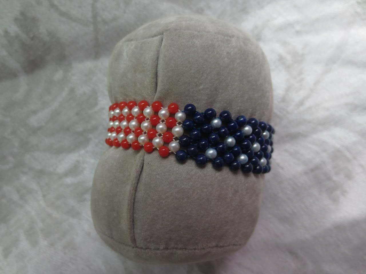 Unisex Pearl, Lapis & Coral Woven American Flag Bracelet with 14k Gold