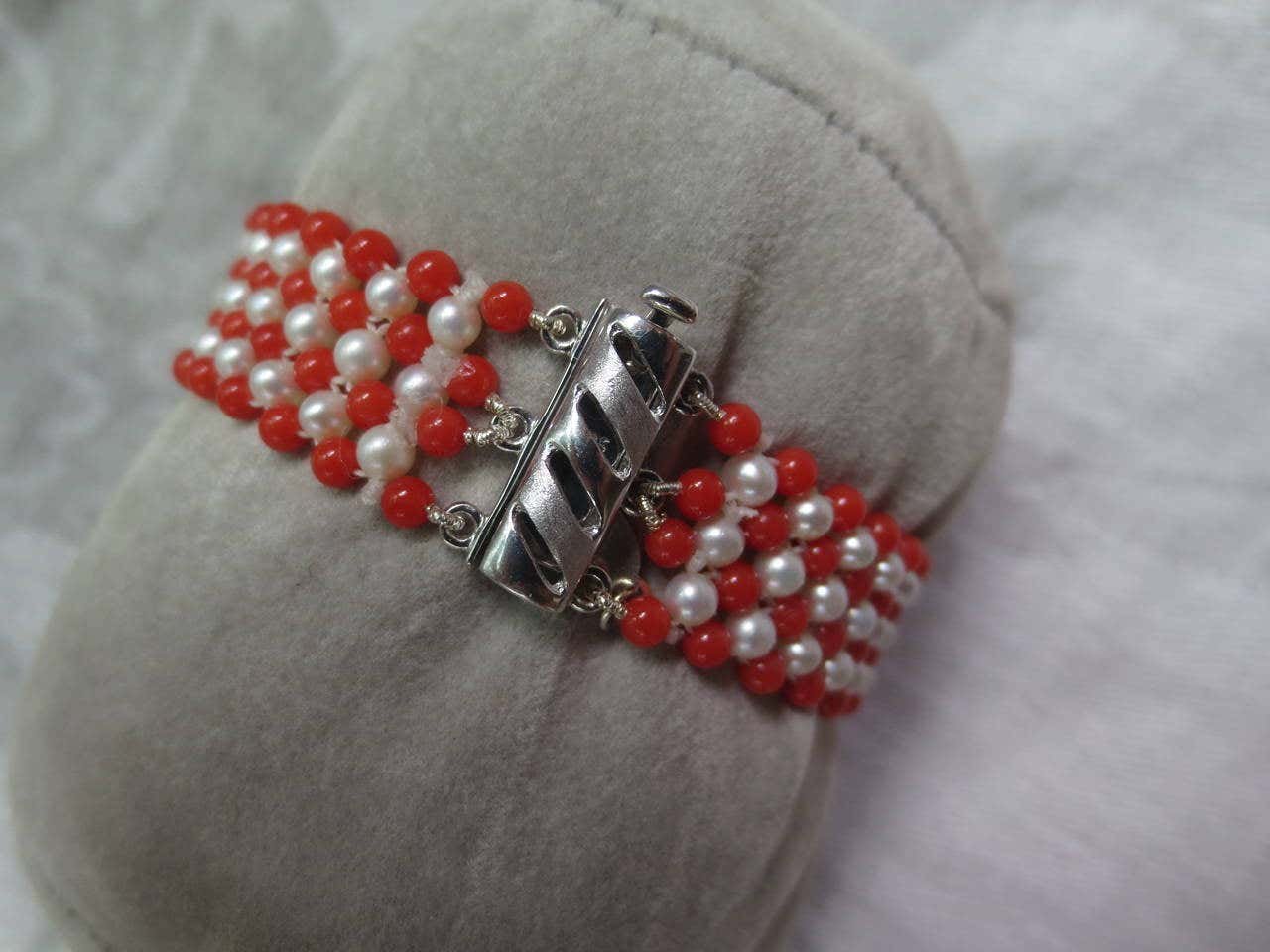 Unisex Pearl, Lapis & Coral Woven American Flag Bracelet with 14k Gold