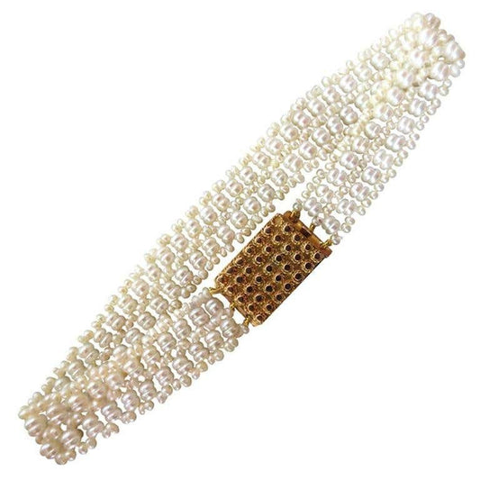 Multi-Strand Unique Woven Seed Pearl Bracelet with Antique Gold Clasp