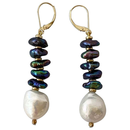 Black & White Baroque Pearl Earrings with Solid 14k Yellow Gold Lever Back Hooks