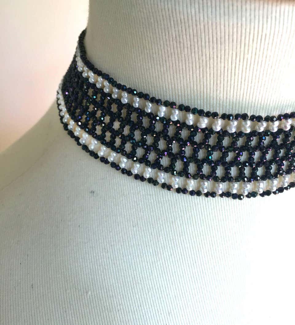 Marina J Woven Black Spinel and White Pearl Choker with a Silver Clasp