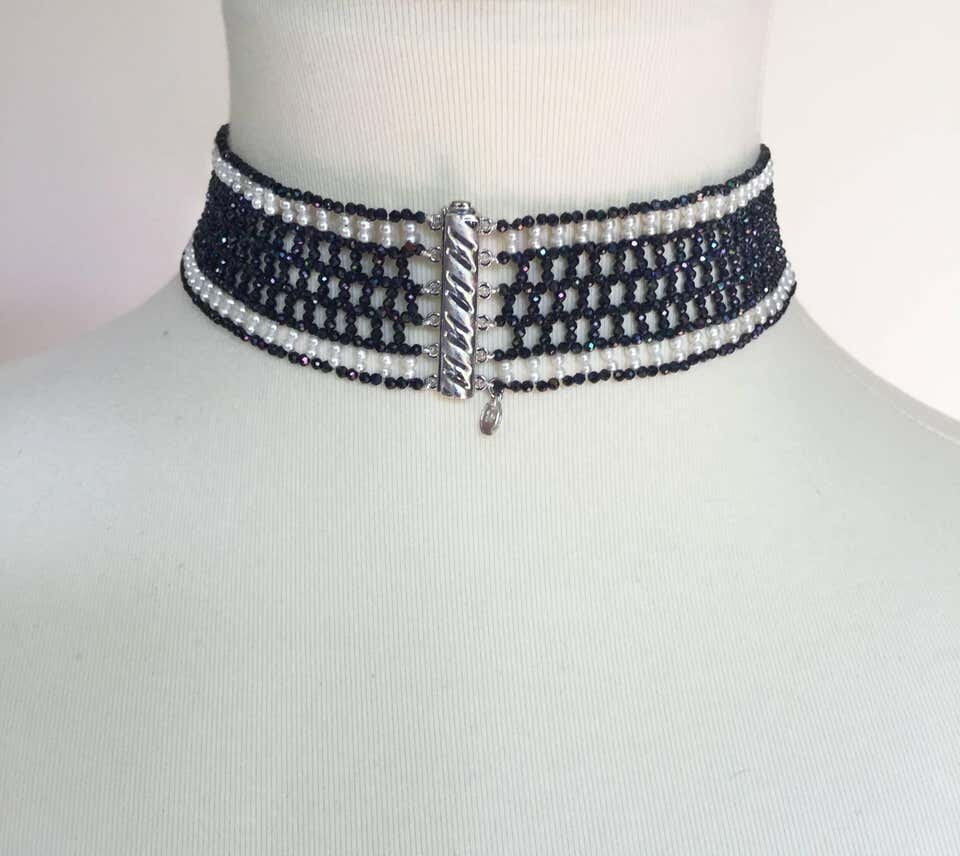 Marina J Woven Black Spinel and White Pearl Choker with a Silver Clasp