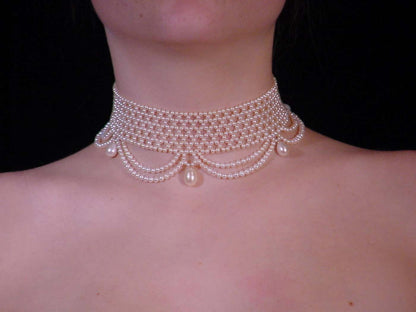 Woven Pearl Draped Choker with Pearl Drops and Secure Sliding Clasp