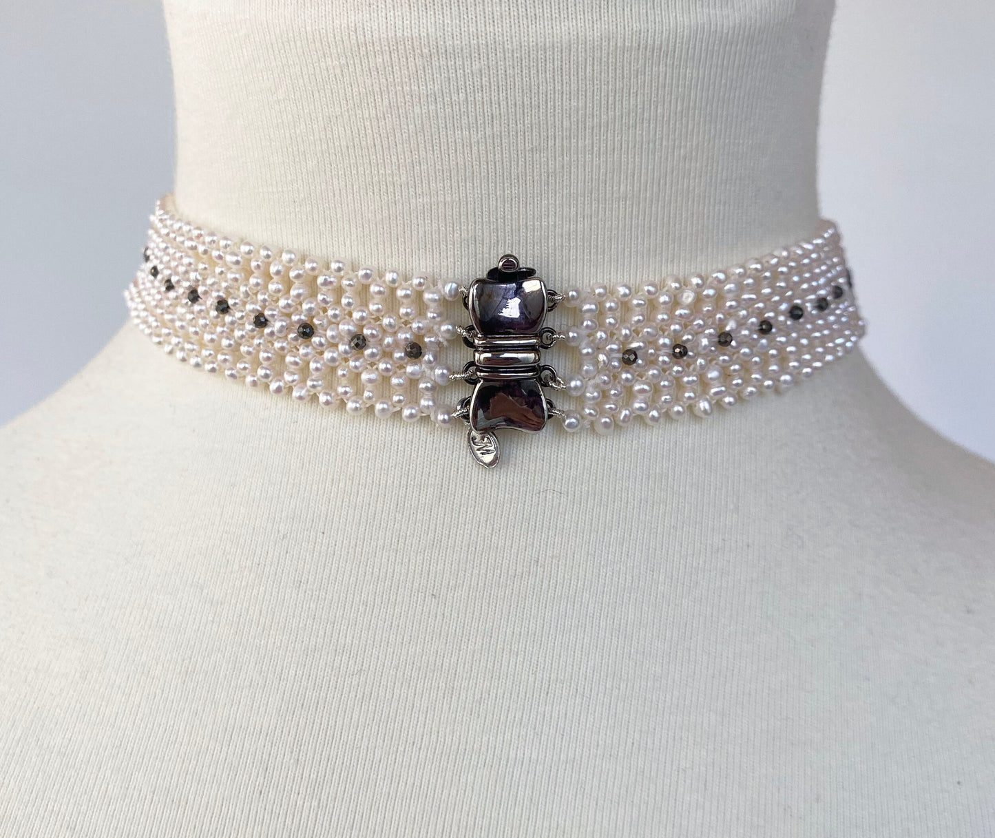 Woven Pearl Necklace with Vintage Silver Centerpiece and Black Spinel