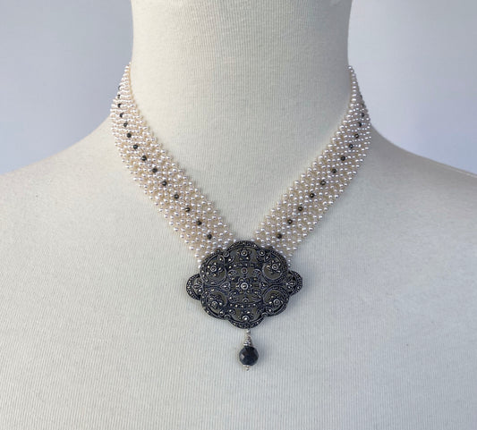 Woven Pearl Necklace with Vintage Silver Centerpiece and Black Spinel