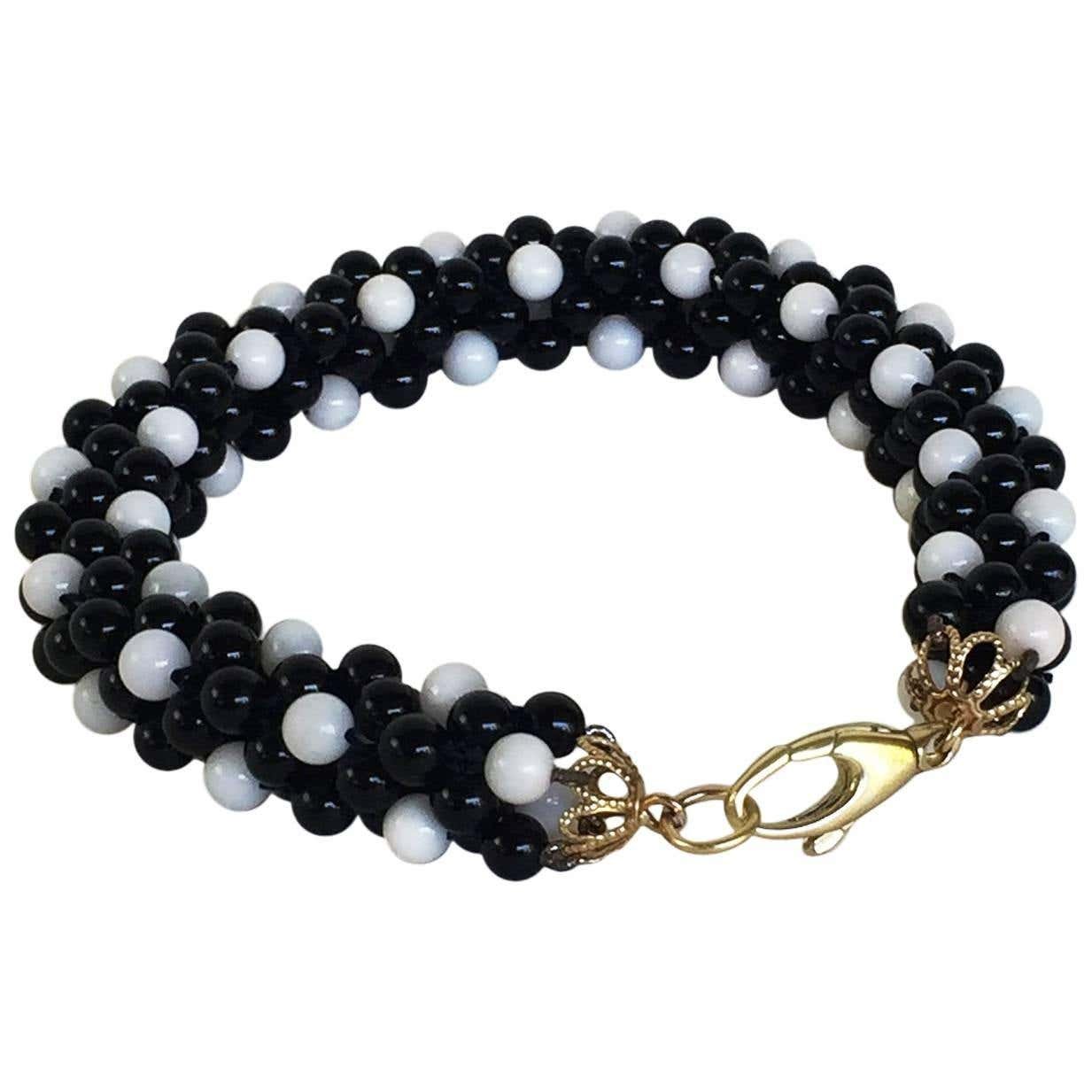 Onyx & White Coral Bracelet with Solid 14k Yellow Gold Clasp