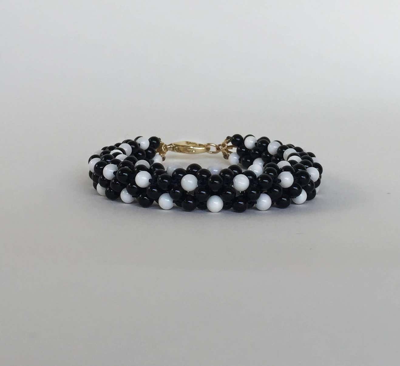 Onyx & White Coral Bracelet with Solid 14k Yellow Gold Clasp