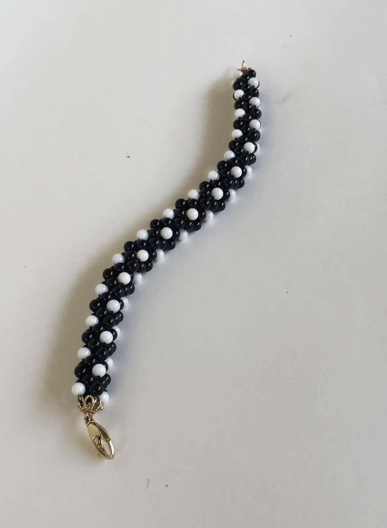 Onyx & White Coral Bracelet with Solid 14k Yellow Gold Clasp