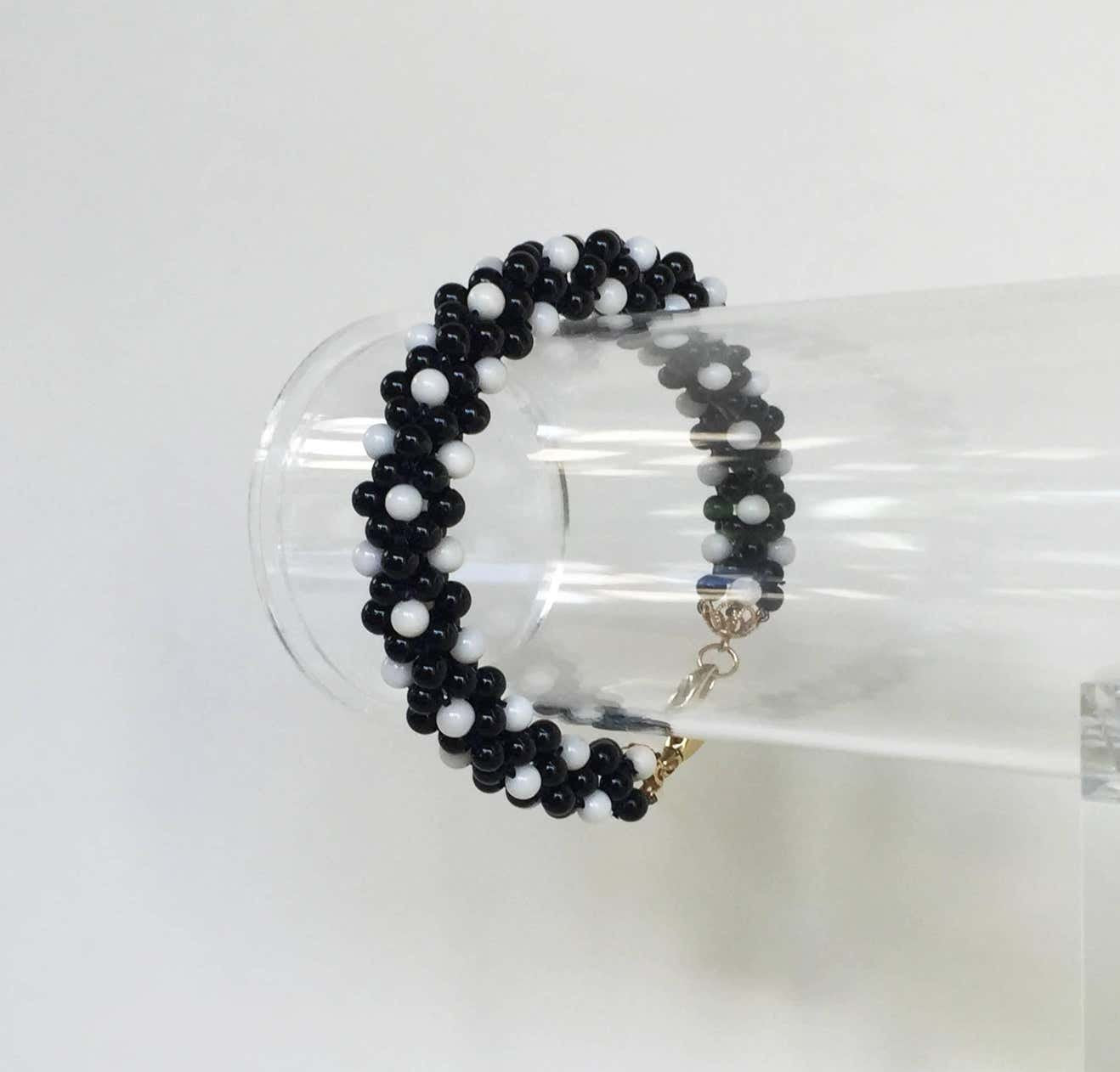 Onyx & White Coral Bracelet with Solid 14k Yellow Gold Clasp