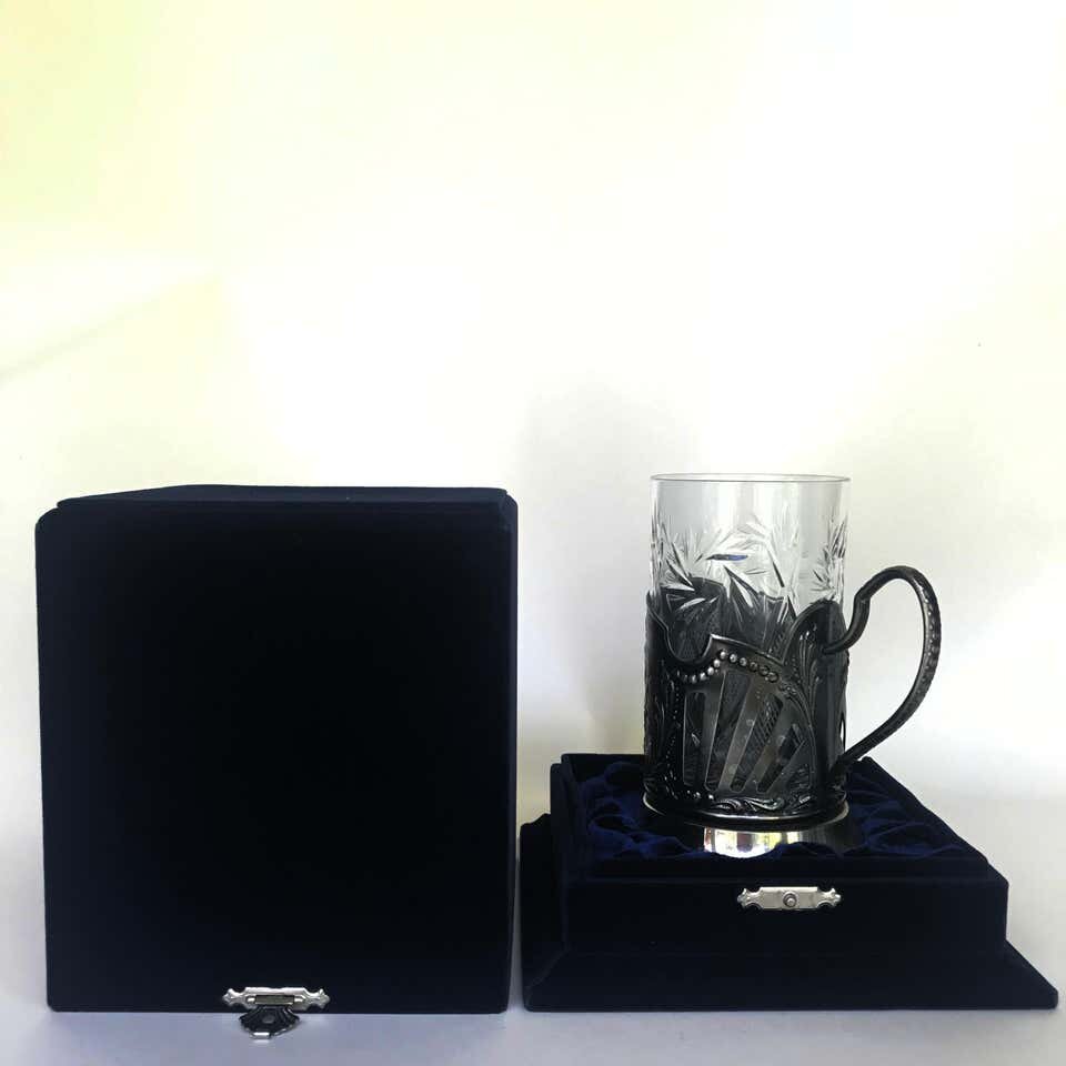 Unique Vintage Russian Metal Crystal Glass Holder with Original Velvet Blue Box