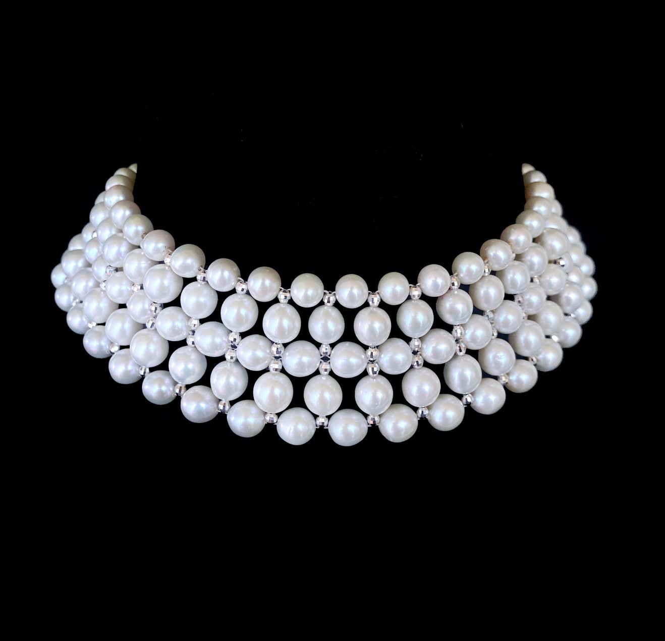 Woven Pearl Choker with Silver Rhodium Plated Disco Accents