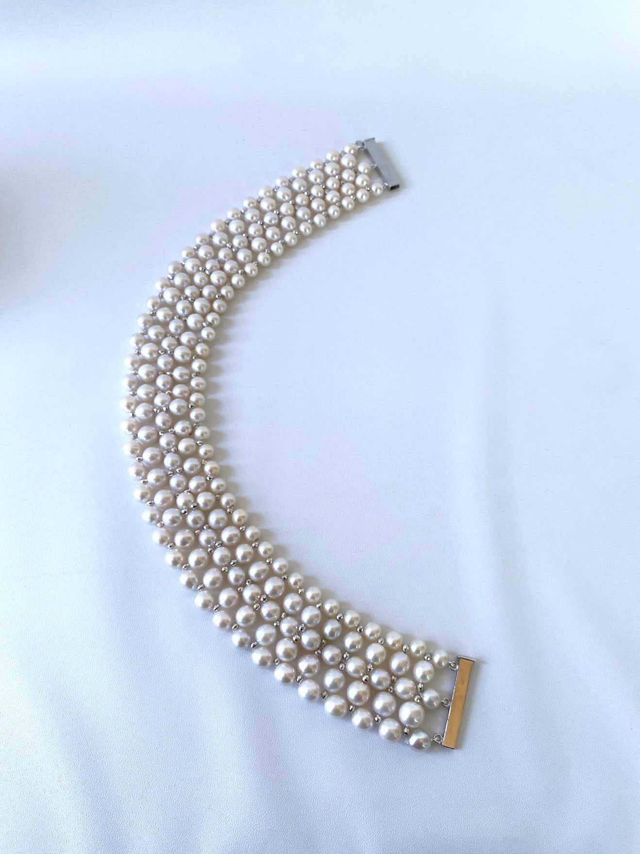 Woven Pearl Choker with Silver Rhodium Plated Disco Accents