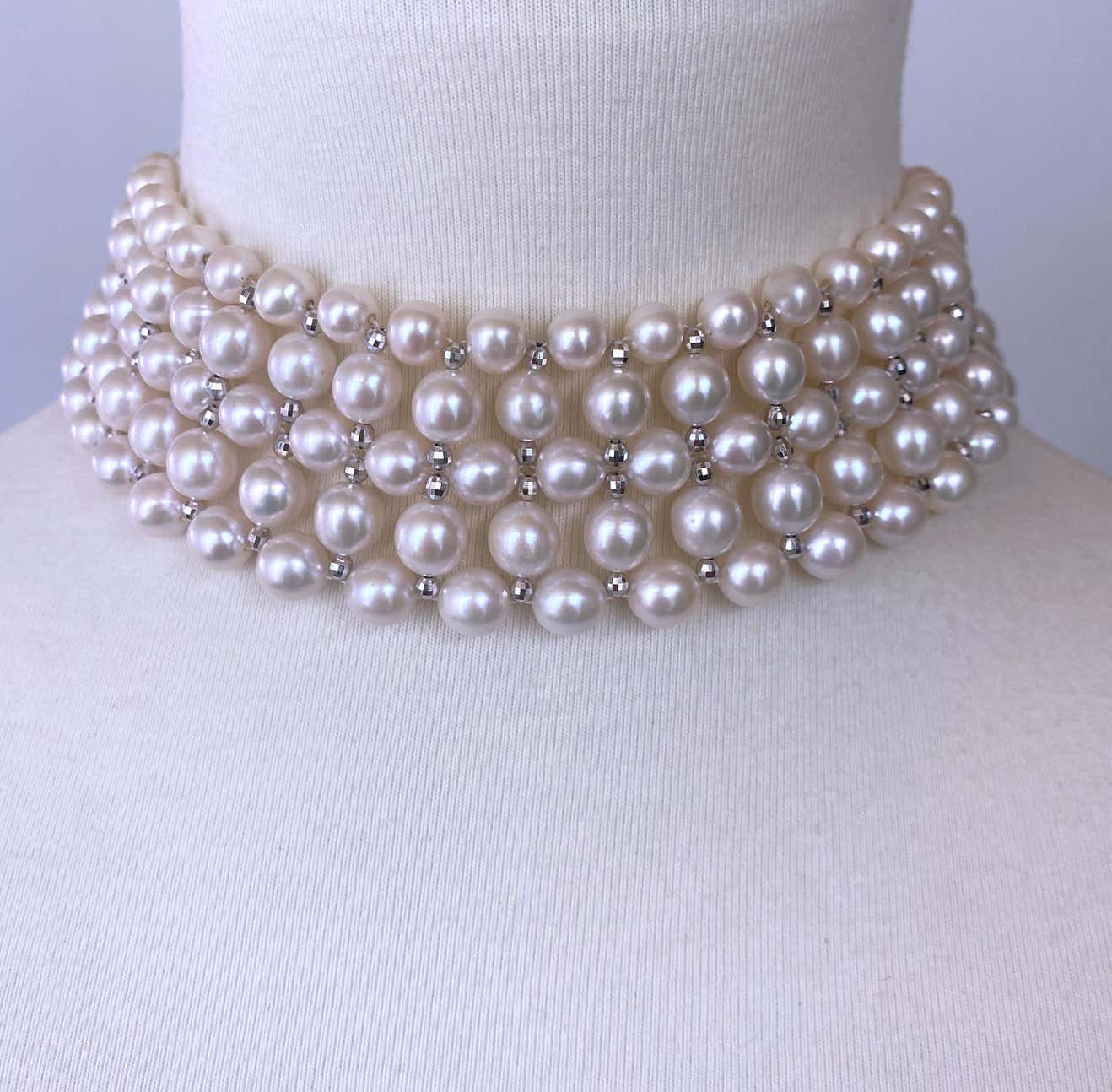 Woven Pearl Choker with Silver Rhodium Plated Disco Accents