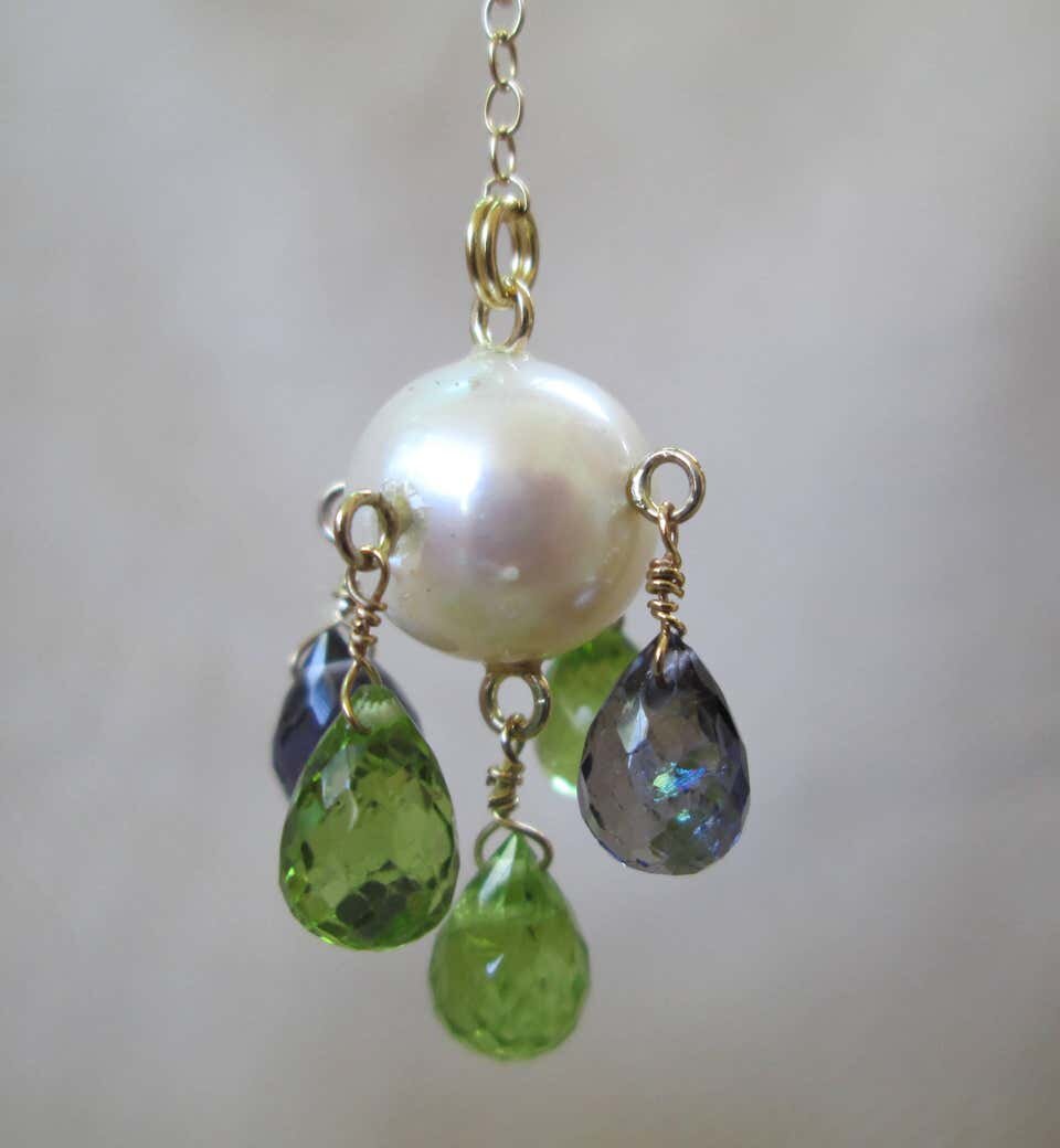 Pearl, Peridot & Iolite Chandelier Earrings with Solid 14K Yellow Gold