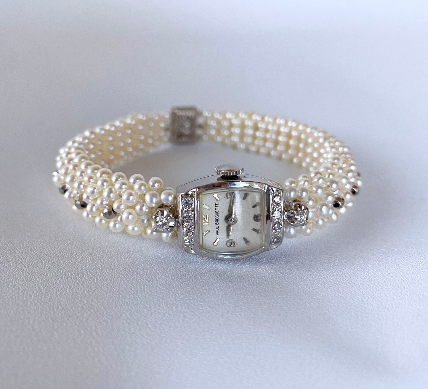 Woven Pearl Band with Vintage 14k White Gold Diamond encrusted Watch