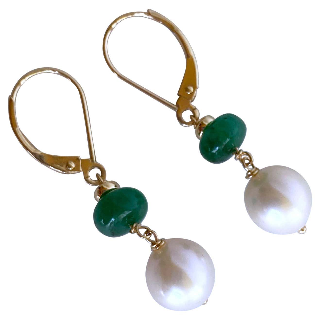 Emerald, Pearl and 14k Yellow Gold Lever Back Earrings