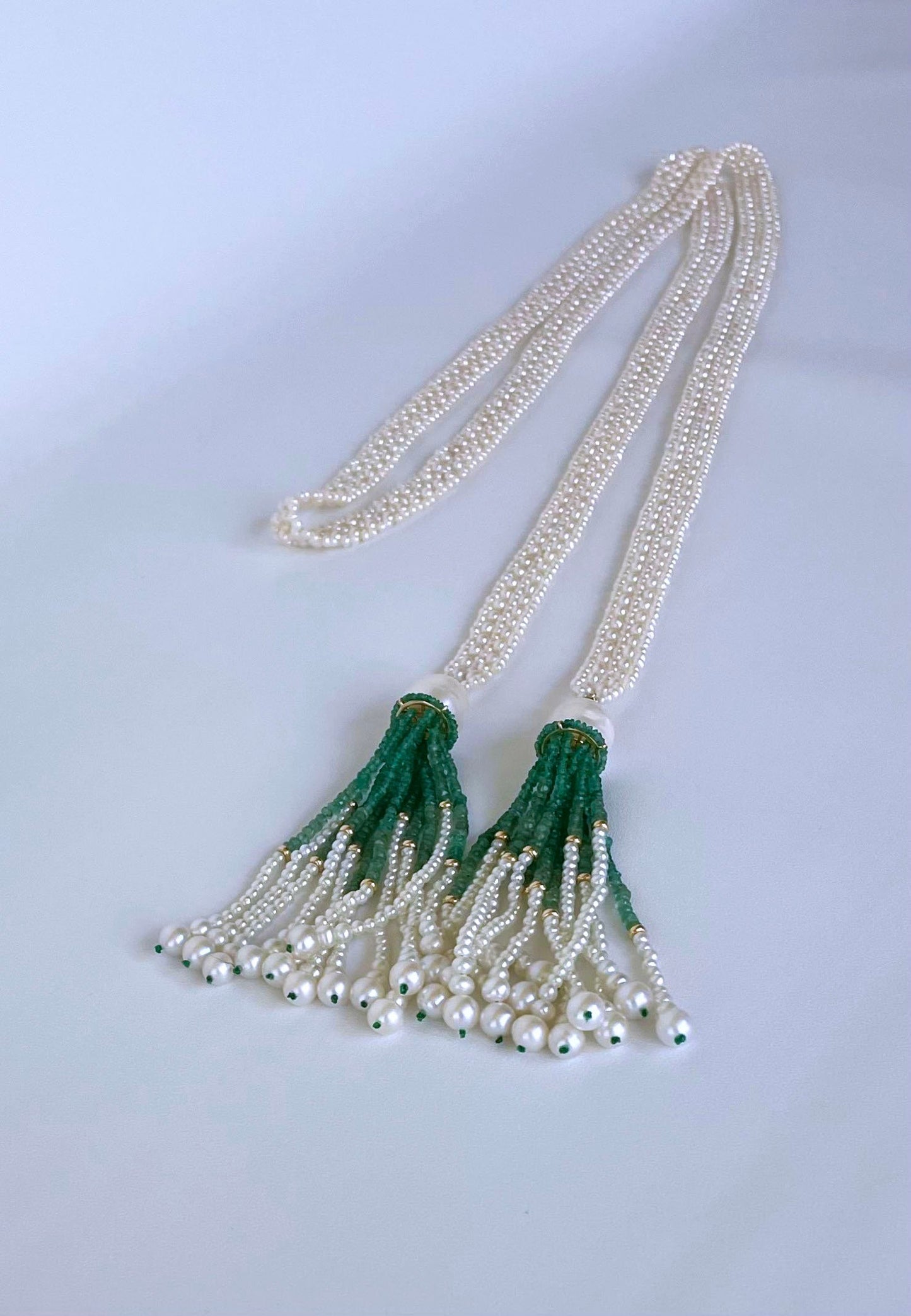 Pearl Woven Sautoir with Graduated 14k and Emerald Tassels
