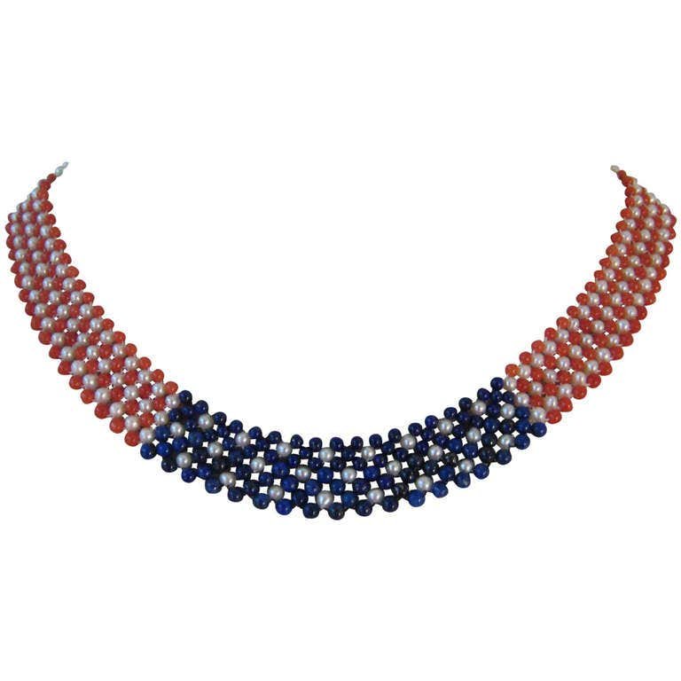 Woven Pearl, Coral, & LapisAmerican Flag Necklace with 14k Yellow Gold