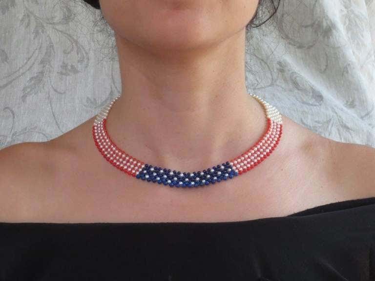Woven Pearl, Coral, & LapisAmerican Flag Necklace with 14k Yellow Gold