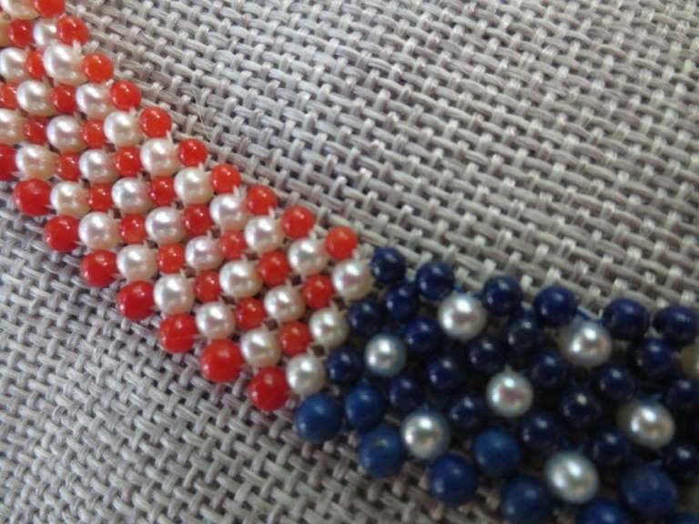 Woven Pearl, Coral, & LapisAmerican Flag Necklace with 14k Yellow Gold