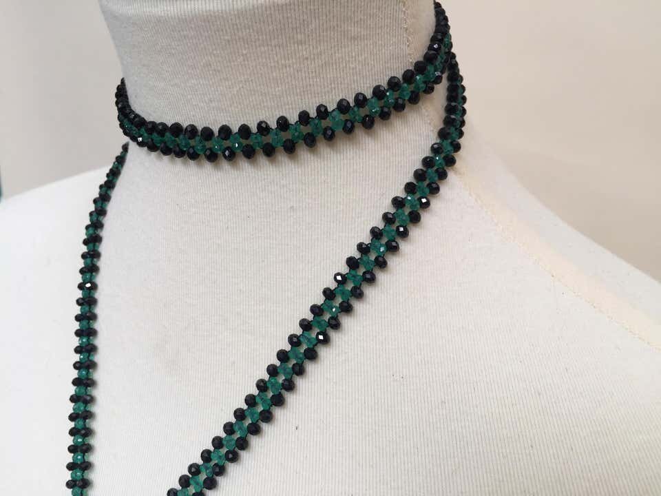 Marina J Woven Black Spinel and Green Onyx sautoir with Diamond and Onyx Tassel